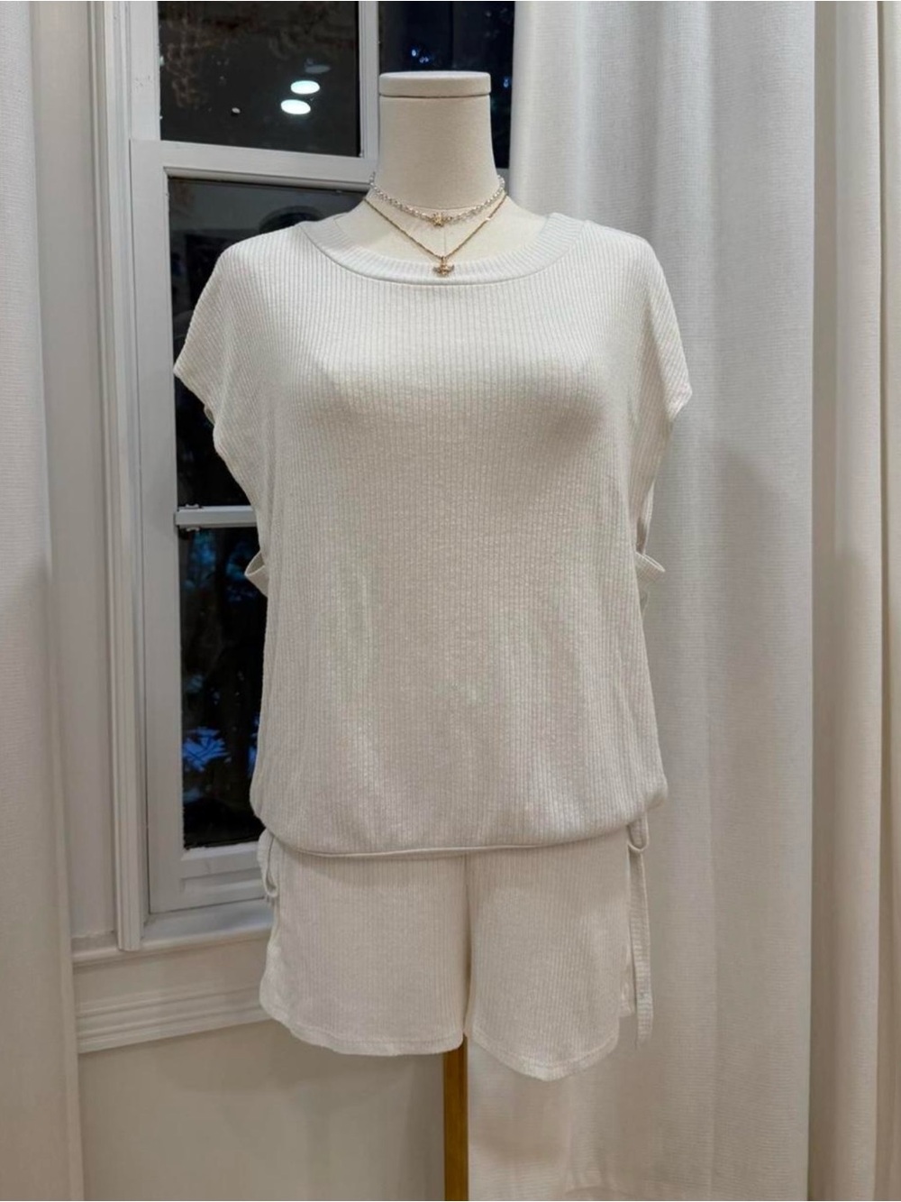Women's Ribbed Short Pajama Set - Cream